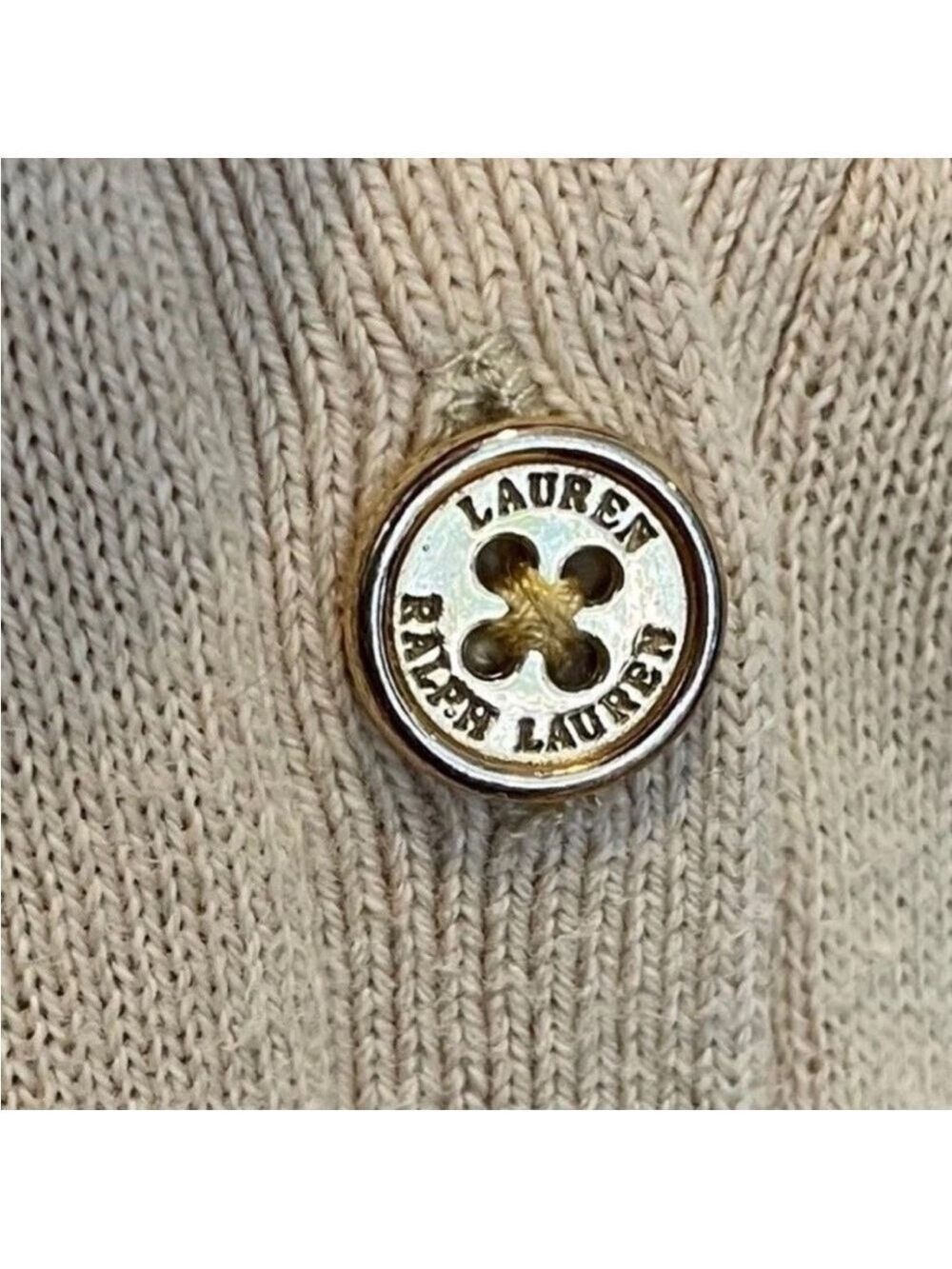 Lauren Ralph Lauren Beige Cotton V-Neck Logo Cardigan Sweater Women’s Size Small - Picture 7 of 15
